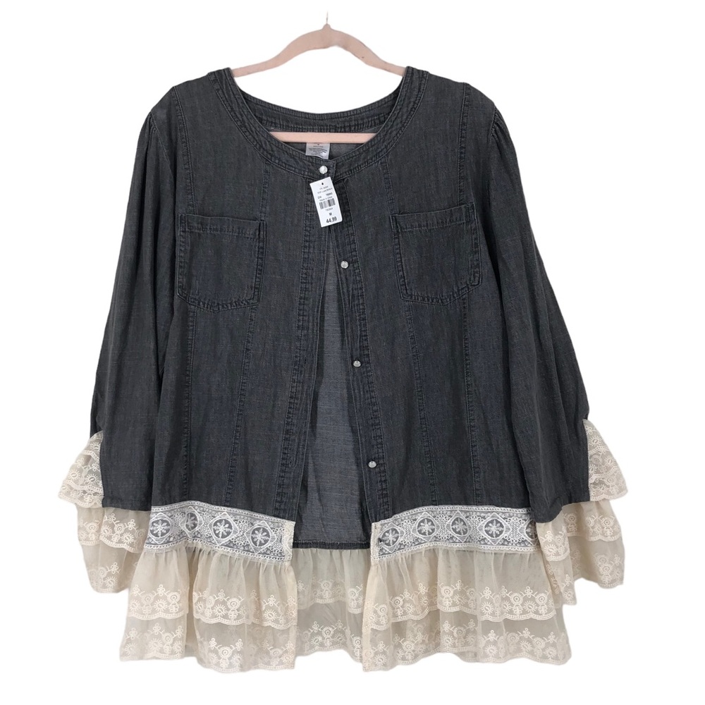 NWT Ladies Victorian Style Shacket w/Ruffle Lace Cuffs and Hem, Button Up Top M